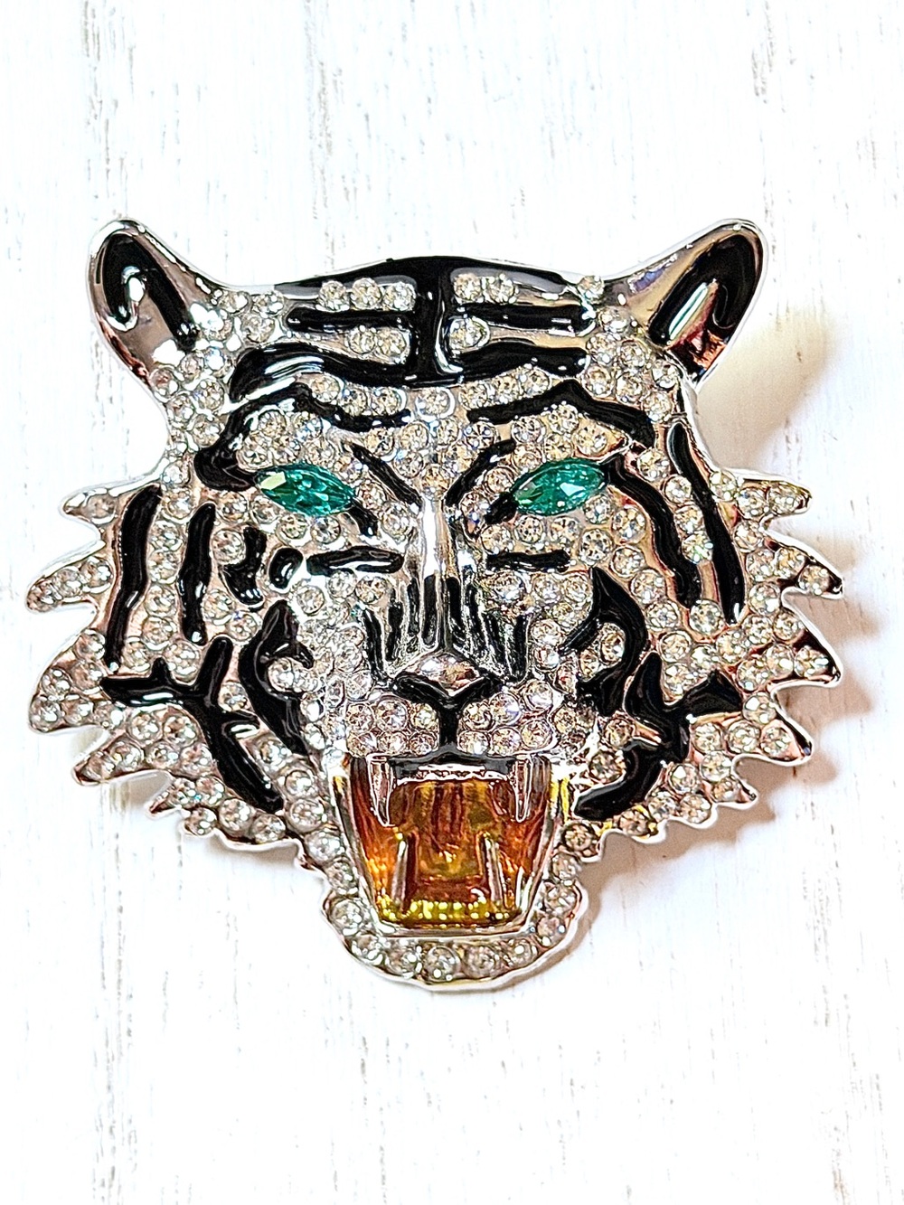 Striking Rhinestone Tiger Head Brooch w/Crystal Green Eyes